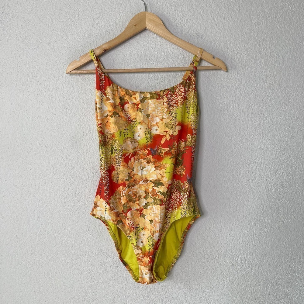 Natori Green Orange Asian Floral Lace Up One Piece Swimsuit